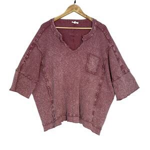 Easel Mauve Ribbed Oversized Distressed Pocket Tee, Boxy Casual Boho Comfy Med.